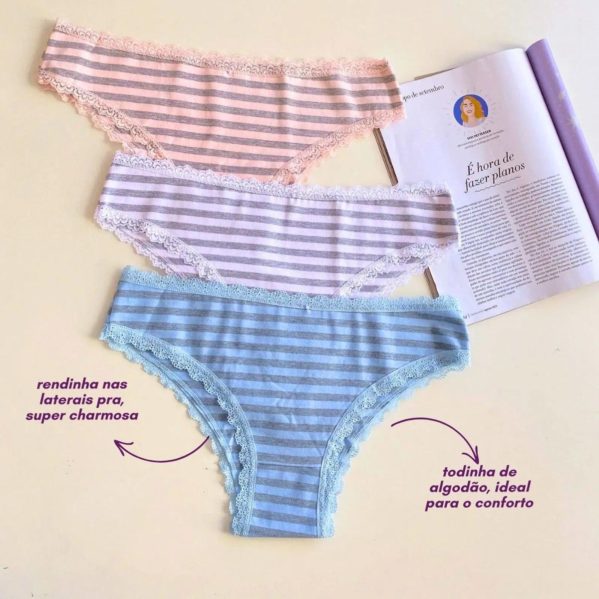 Kit 3 Calcinhas Listradas Algodão