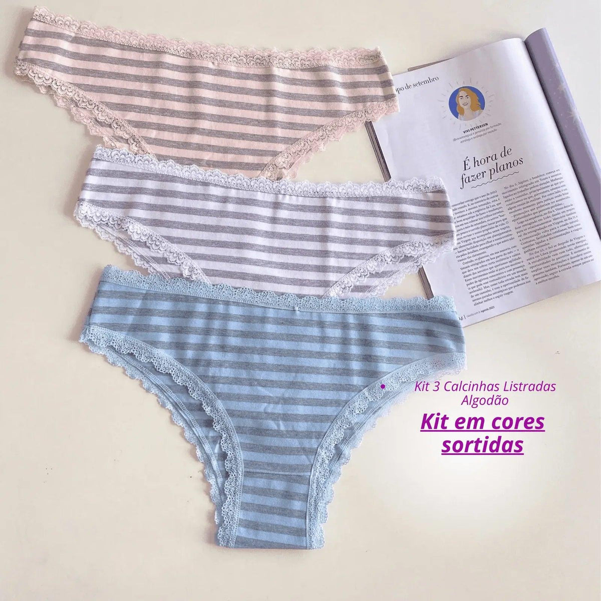 Kit 3 Calcinhas Listradas Algodão